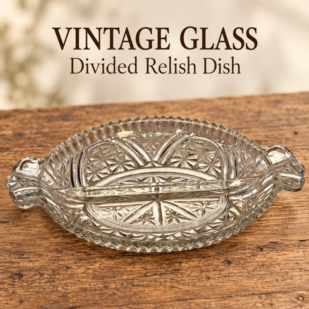 Vintage Clear Pressed Glass Divided Relish Dish 10" Starburst Pattern Handle C31